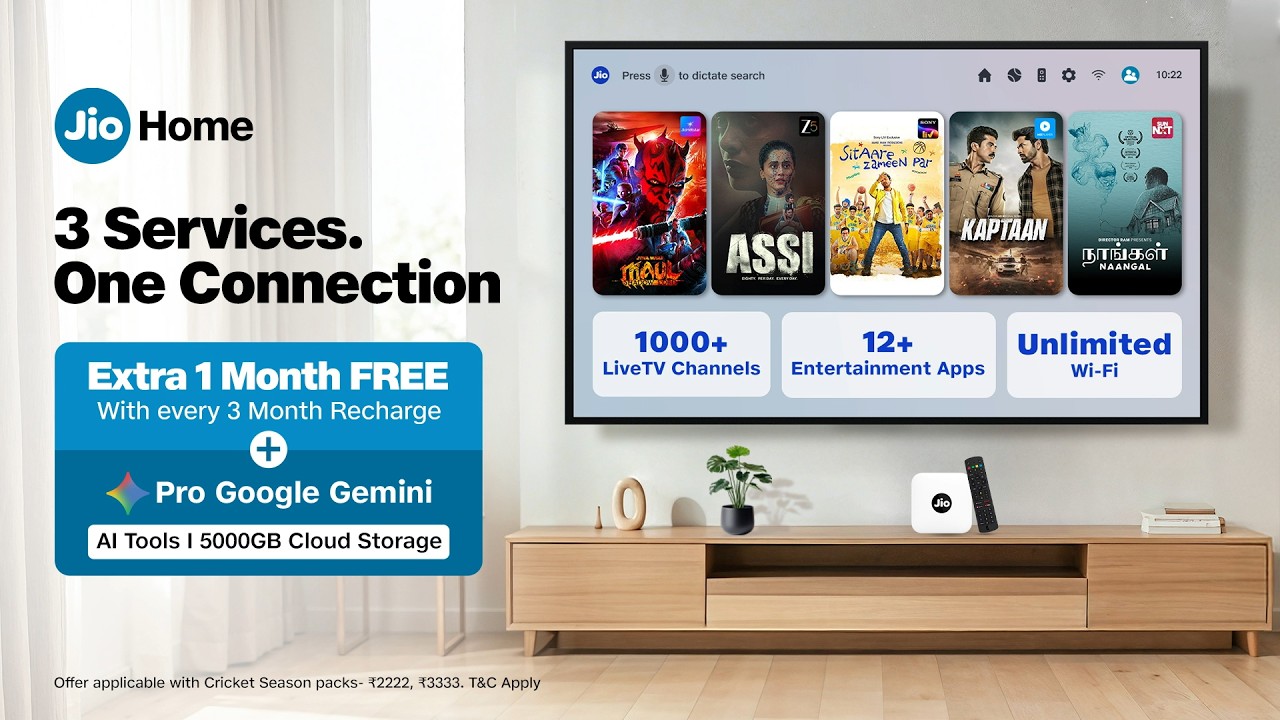 JioHome - 3 Services. One Plan Enjoy 1000+ LiveTV Channels, 12+ Entertainment Apps & Unlimited WiFi.