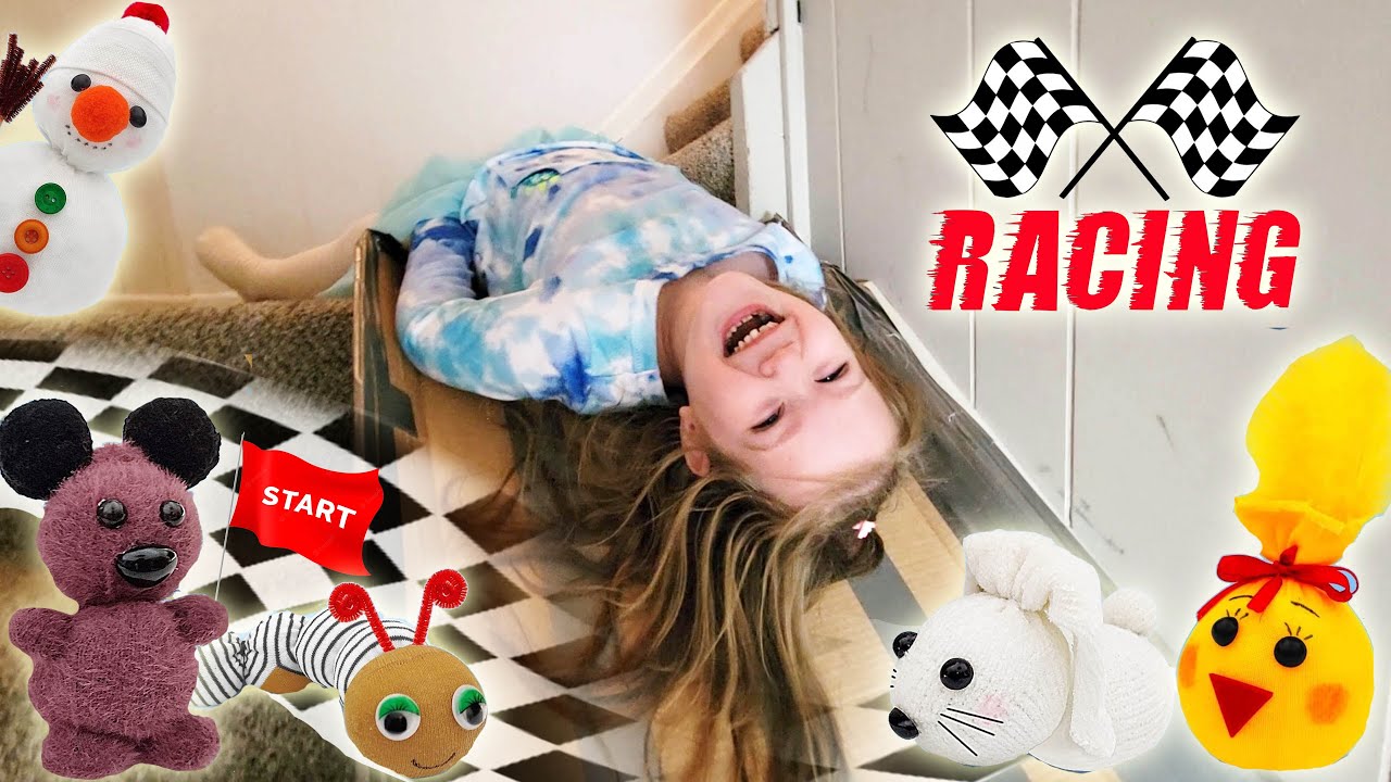 Ready ! Set ! Go ! Sock Animal Race ??? Making Plush Animals And Racing Down The Slide Vlog For Kids