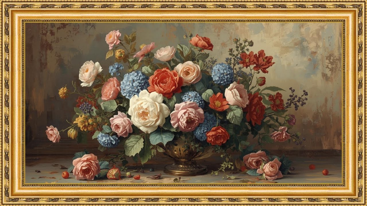 Moody Floral Still Life Ambience🌸| Vintage Gold Framed 4K Screensaver for TV
