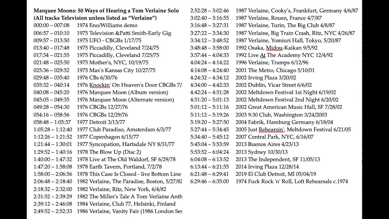 Marquee Moons 1974 - 2019