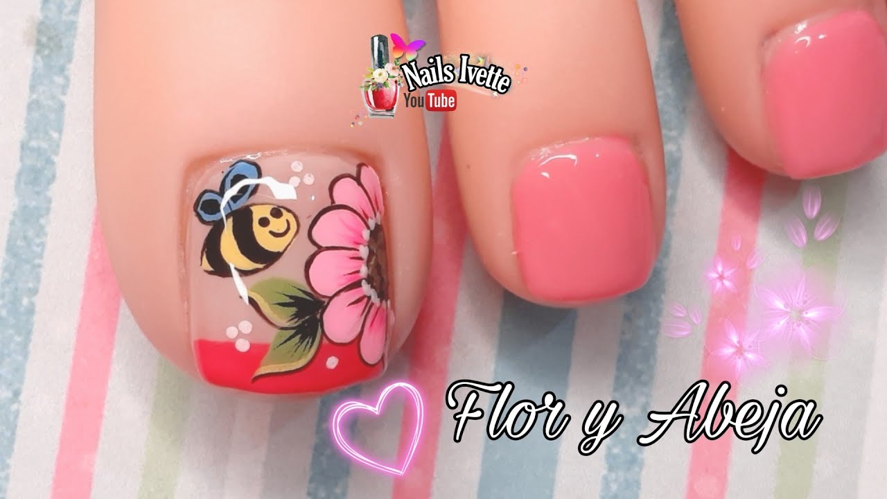 Diseño de uñas PIE flor y abeja / Idea para decorar uñas PIE / Modelo de decoración de uñas para PIE