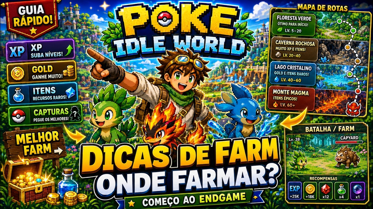 POKE IDLE WORLD: ONDE FARMAR XP, GOLD E ITENS! Guia pra Evoluir R&aacute;pido