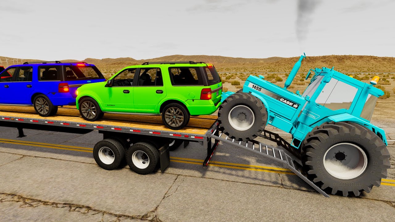 Triple Flatbed Trailer McQueen Transportation with Truck - Speedbumps vs Cars vs Train - BeamNG #102