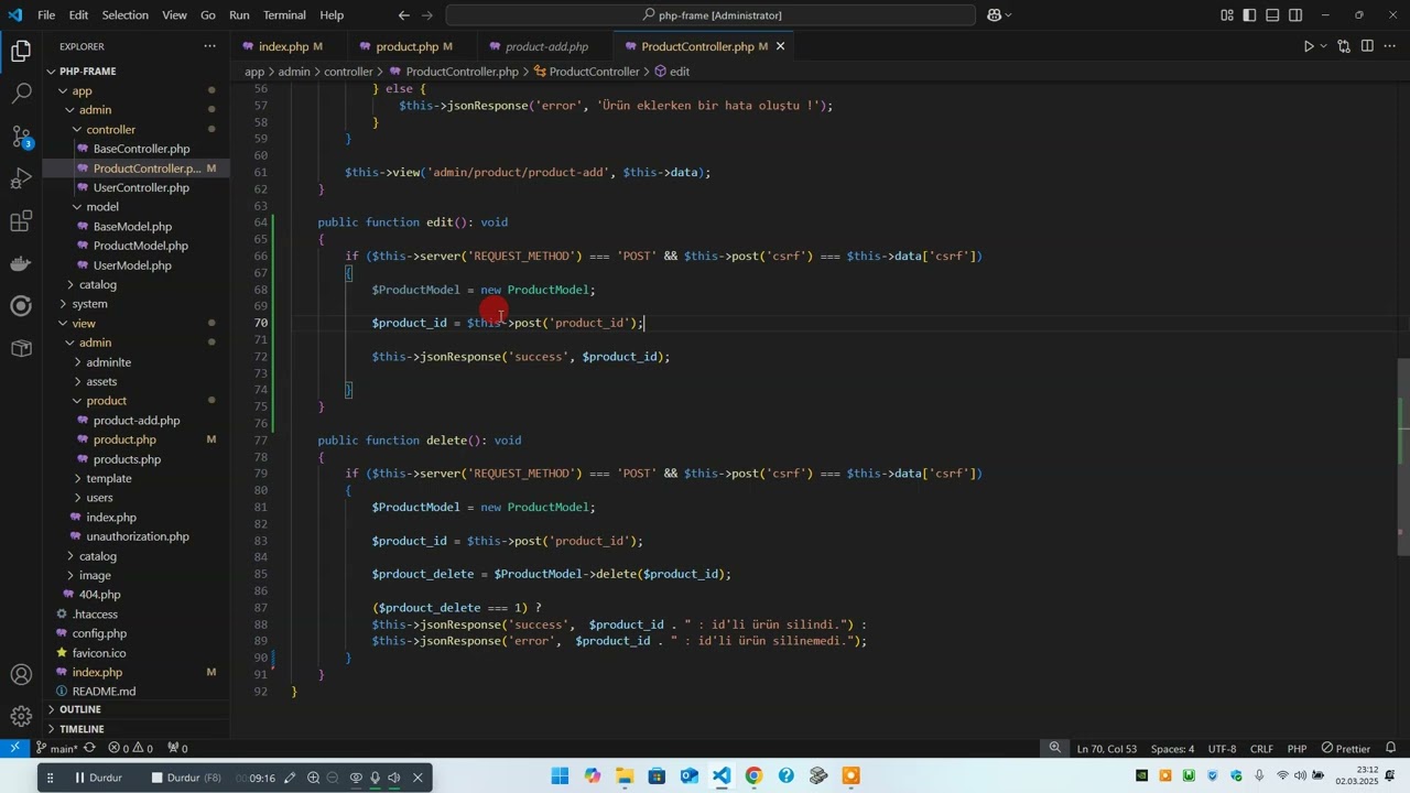 PHP Frame 8.3 ile Ürün Güncelleme & Kullanıcı Bazlı Silme – Güvenli Yöntemler #php #opensource