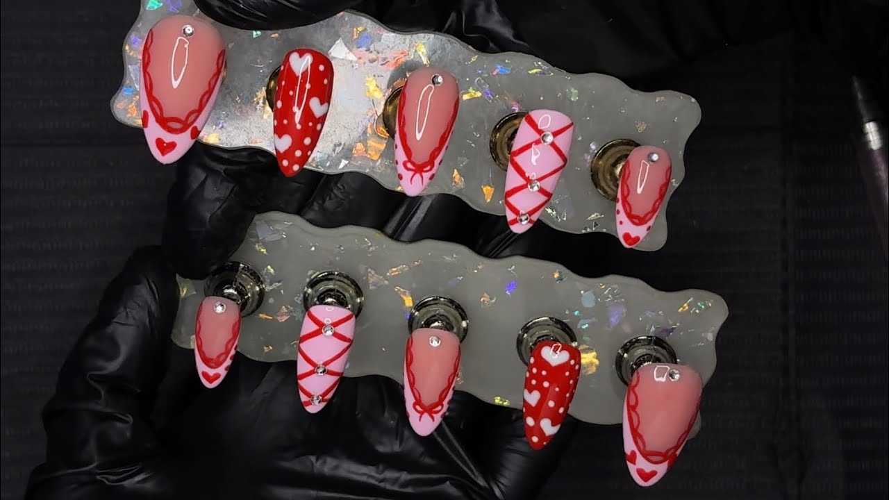 Pink French tip and red lace design | gel-x custom press ons