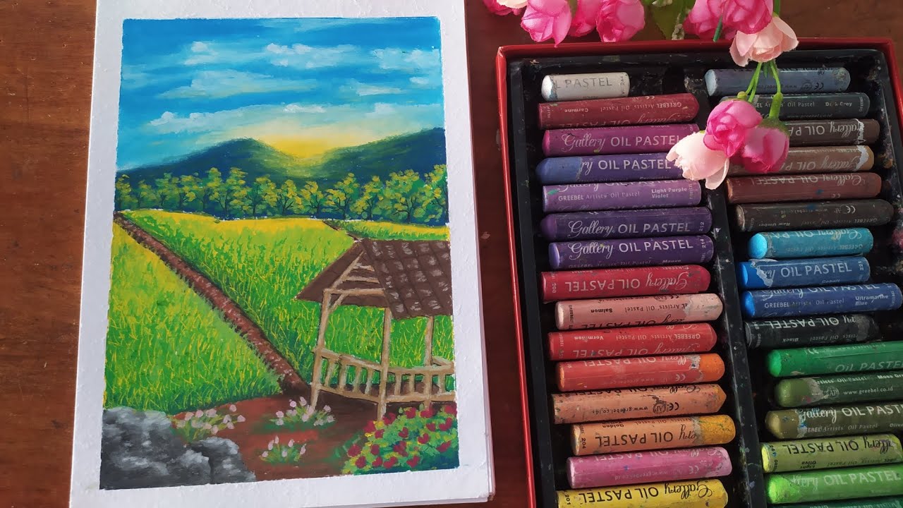 Relaxing art | Oil pastel drawing | menggambar pemandangan sawah aesthetic dan simpel