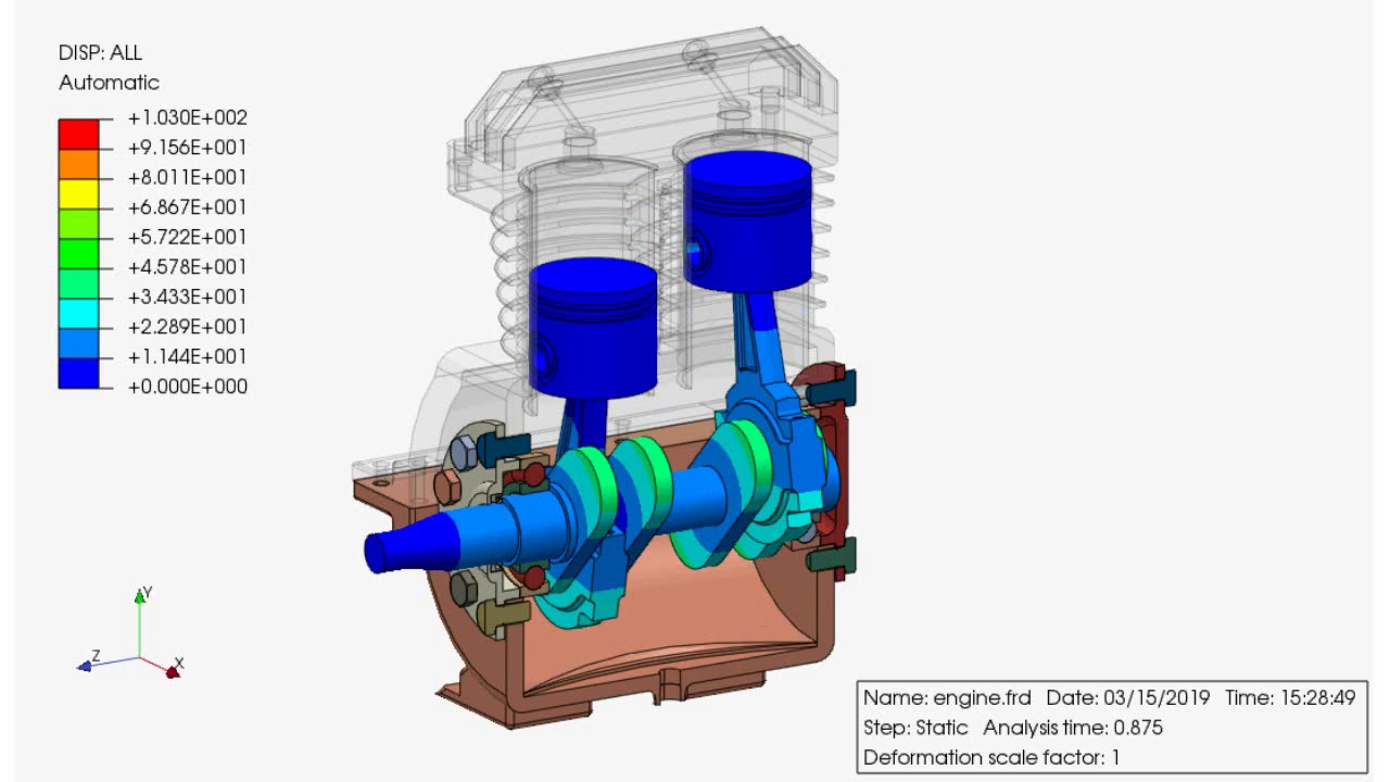 PrePoMax & CalculiX - Post-processing of the two-cylinder piston engine