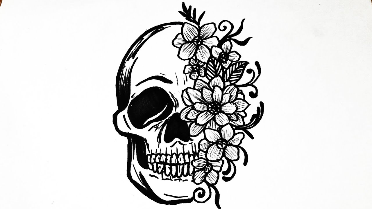 How to draw tribal skull with flowers || Skull tattoo drawing