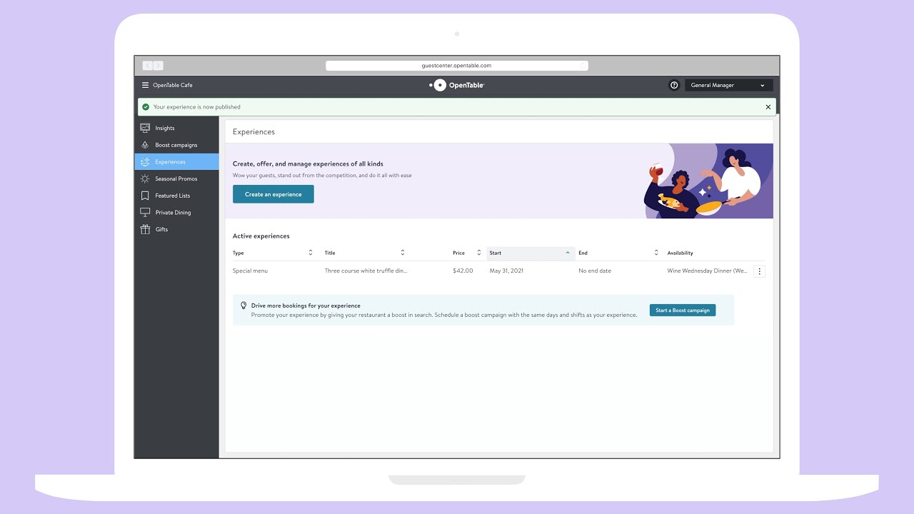 Create an Experience in OpenTable