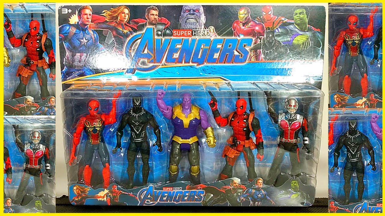 5 Bonecos Vingadores Ultimato - Thanos, Deadpool, Homem Aranha, Homem Formiga, Pantera Negra -Marvel