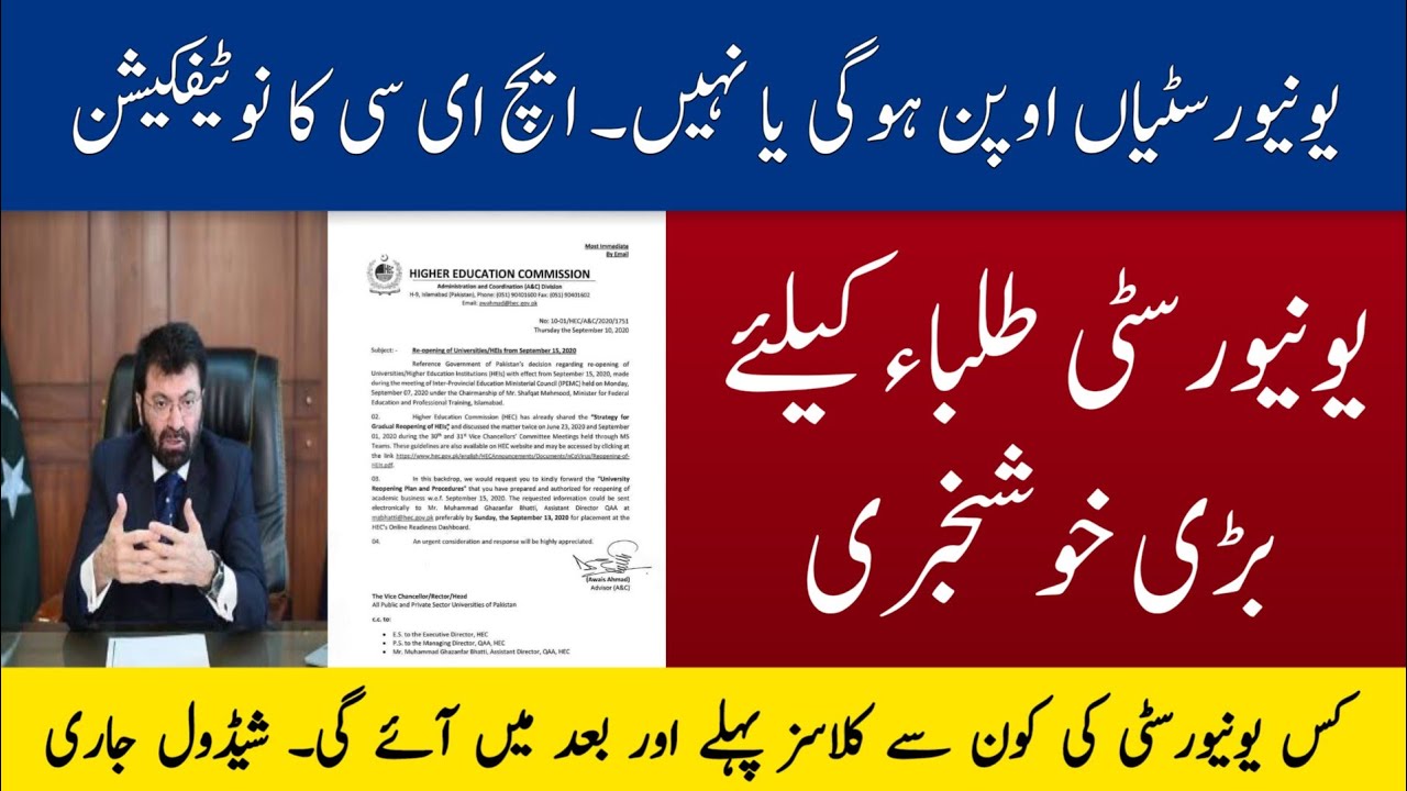 Today HEC Official Notification About Universities Opening
