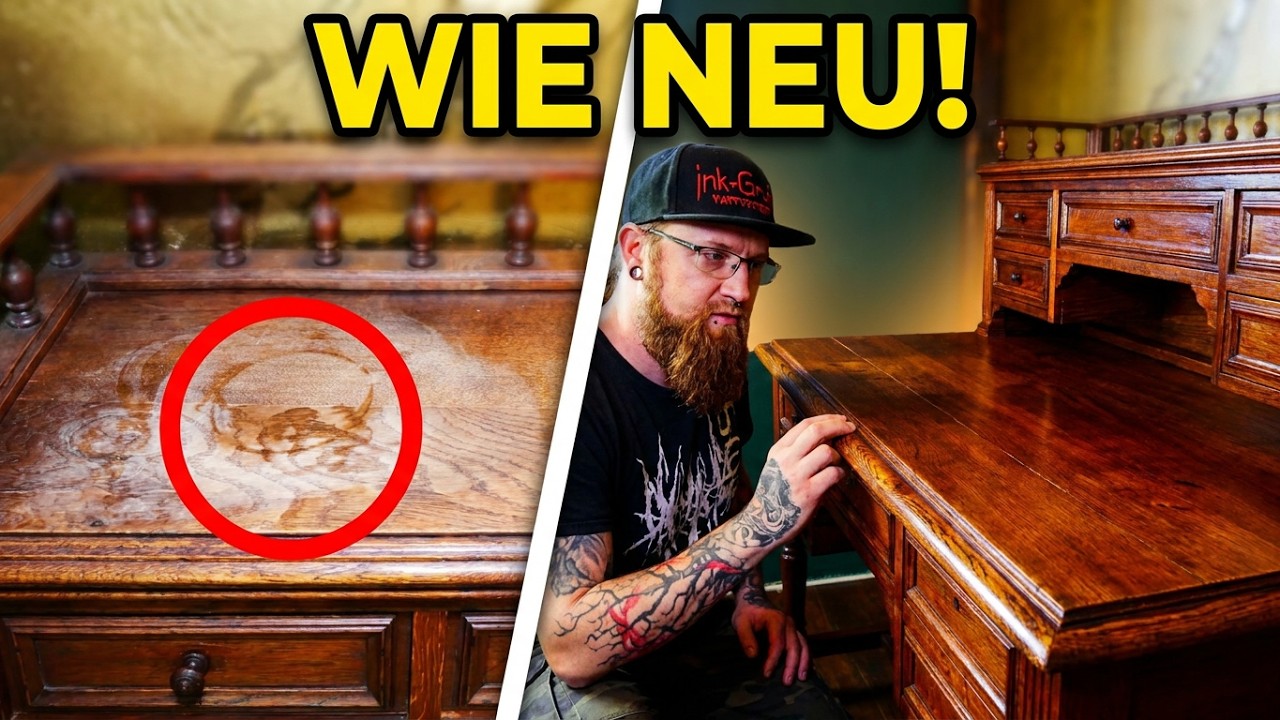 Schreibtisch aufbereiten - Holz Möbel auffrischen - Flecken im Holz entfernen mit Renuwell u. Hartöl