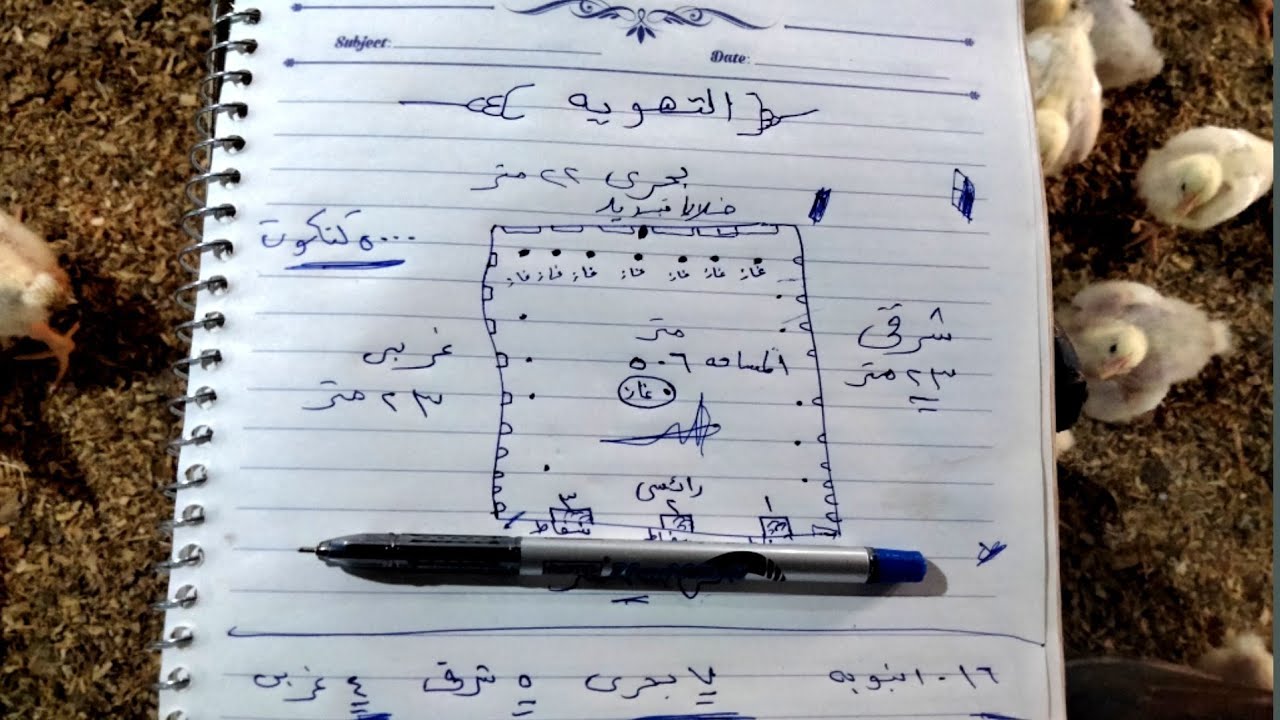 رسم بياني للتهوية عنابر الدواجن في الشتاء ||عدد انبايب الغاز والشفاطات للمزرعه الفراخ👌