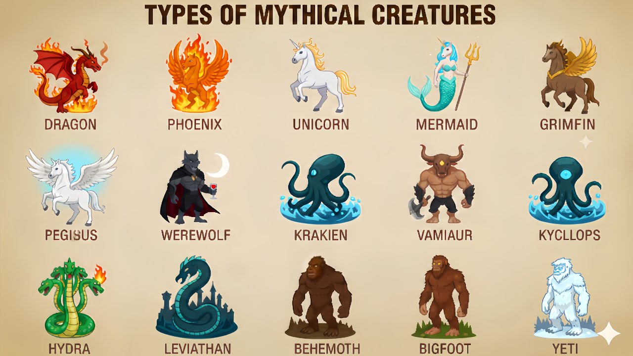 Types of Mythical Creatures Poster | Dragon, Phoenix, Unicorn, Mermaid, Griffin, Yeti & More Fantas 