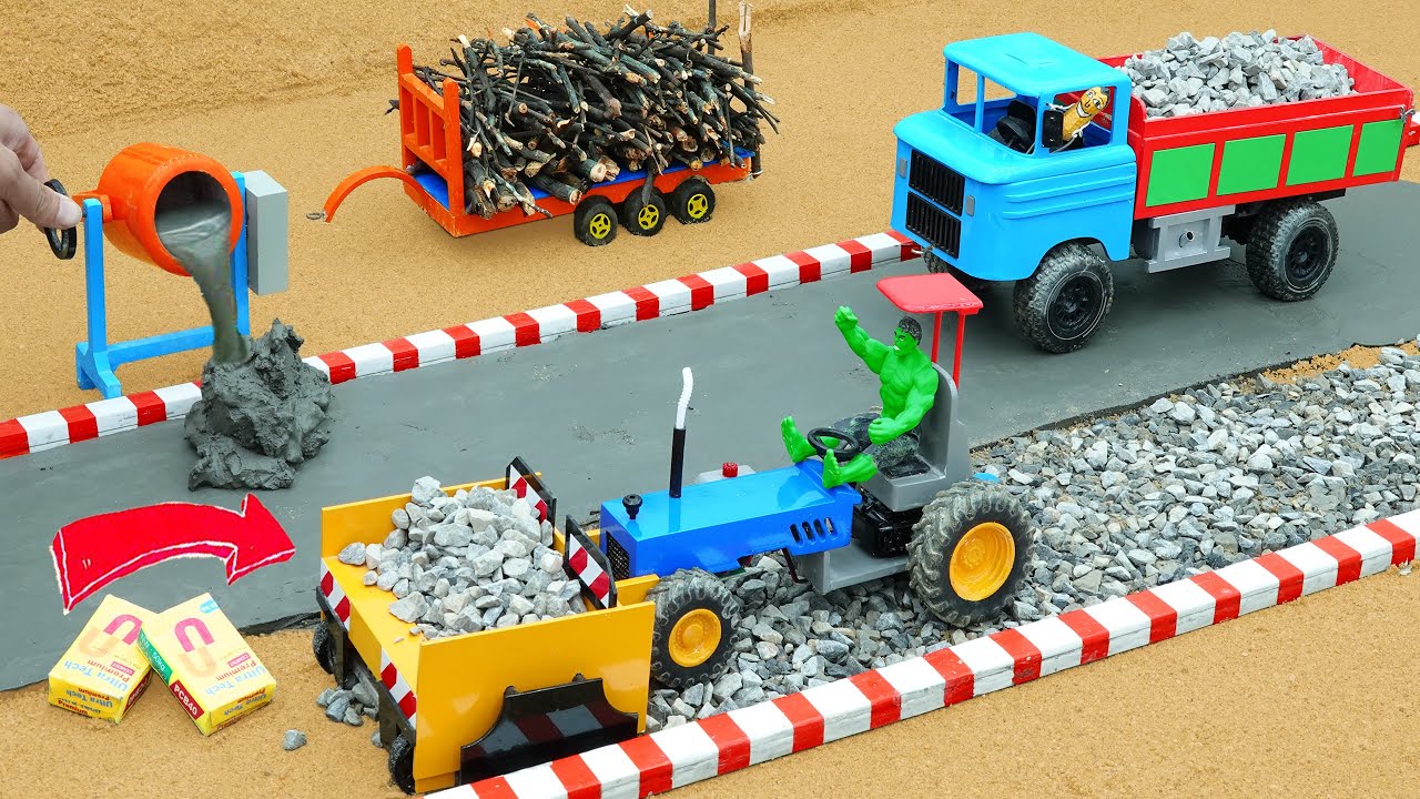 DIY Mini Tractor and Road Roller & Stone spreader Making Realistic Concrete Road | Science Project