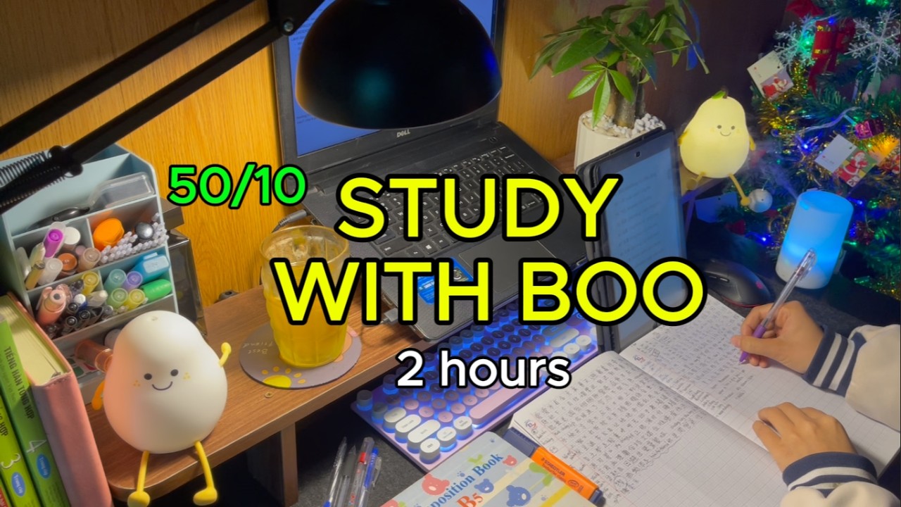 #162 🌙 2 HOURS STUDY WITH ME 🍵  Late Night  Pomodoro 50-10  Real Time  Fire Crackling Sound