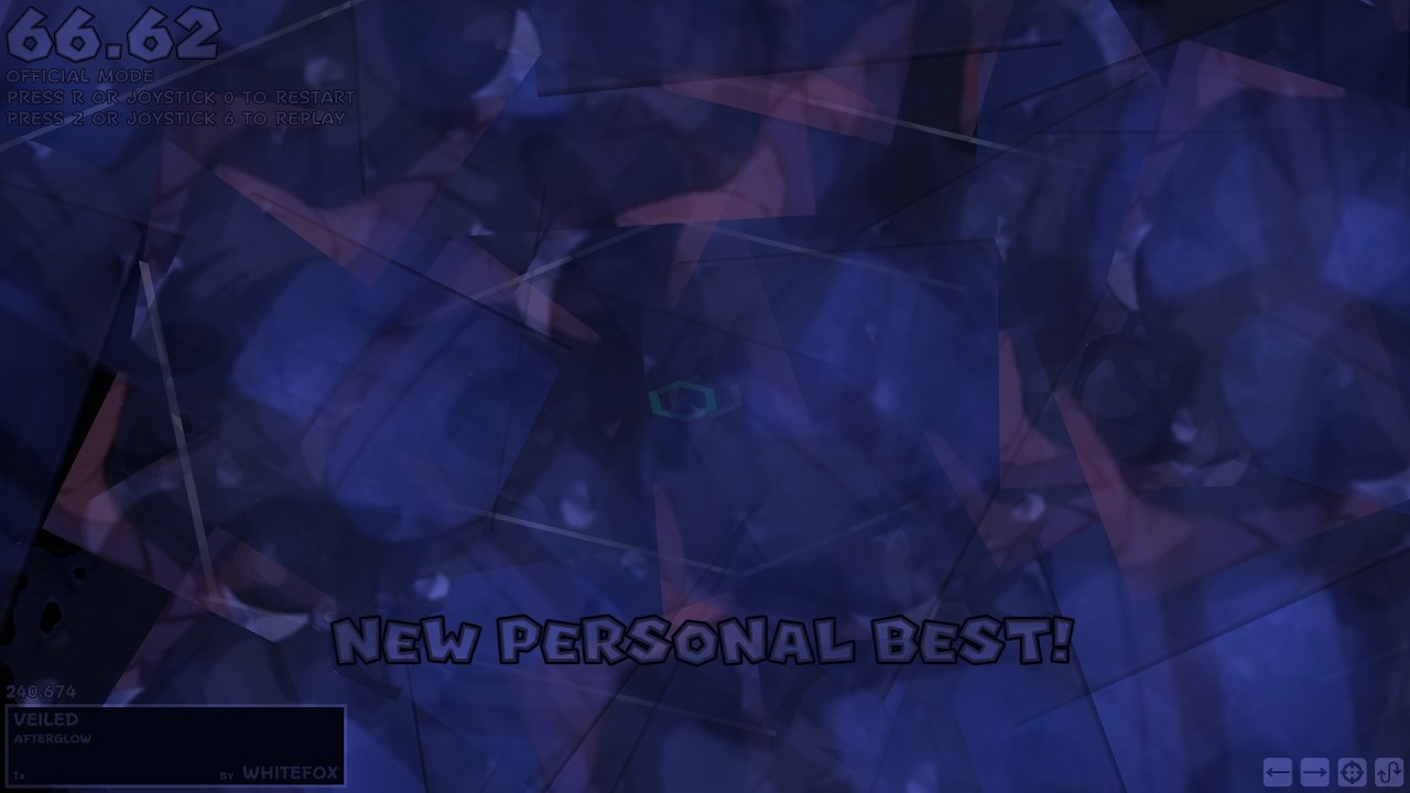new personal best on afterglow[veiled] with x1... 66.62s (MarioVT could see it) | Open Hexagon