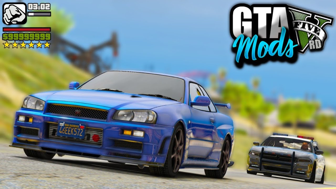 FUGA DA POL1C1A COM O NISSAN SKYLINE R34 AZUL DO RENATO GARCIA! ( INSANO ) - GTA 5 MODS