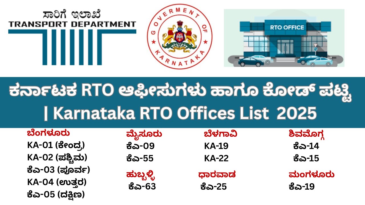 ಕರ್ನಾಟಕದ ಎಲ್ಲಾ RTO ಕಚೇರಿಗಳ ಪಟ್ಟಿ | RTO Offices in Karnataka | Karnataka RTO Codes List #RTOKarnataka