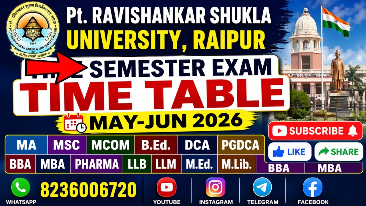 PRSU Semester Exam Time Table May-Jun 2026 MA MCOM MSC B.ED. DCA PGDCA BBA MBA LLB M.ED. LLM MLIB