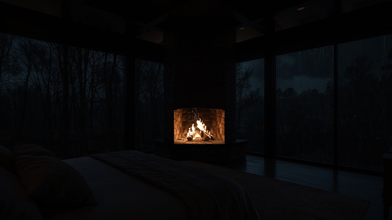 Cabin Night and Warm Fireplace | Rainy Forest Ambience for Sleep & Relaxation
