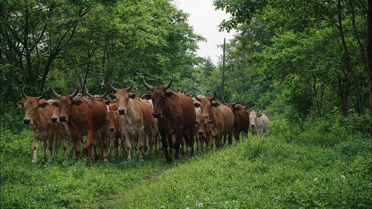 herding a herd of tame cows home through the forest roads
