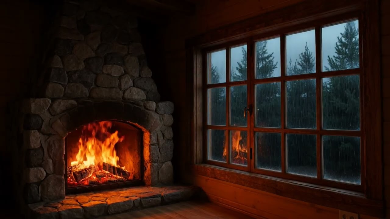 Cozy Cabin Fireplace & Heavy Rainstorm Sounds 🔥⛈️ 3 Hours for Deep Sleep & Relaxation