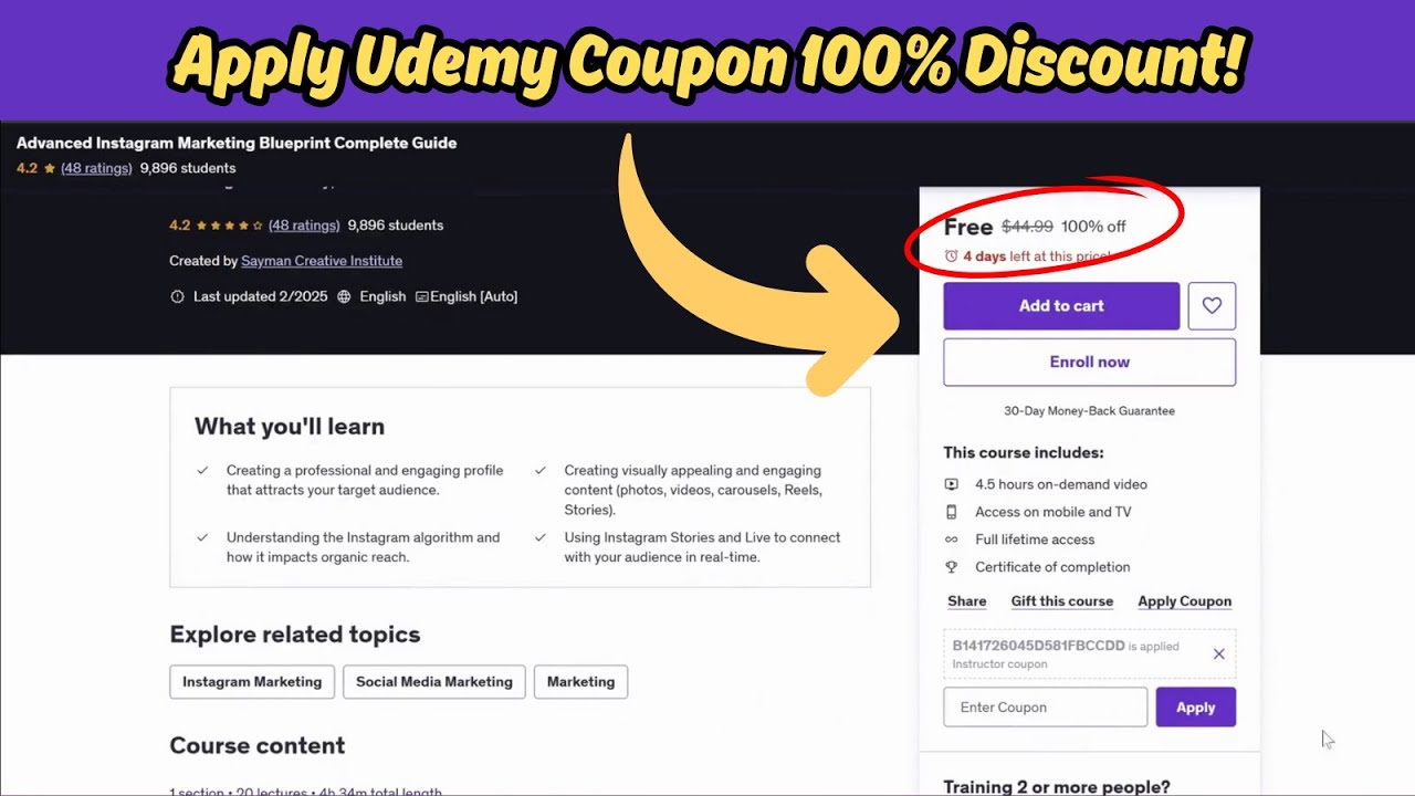 How to Apply FREE Udemy Coupon Code for 100% Maximum Discount