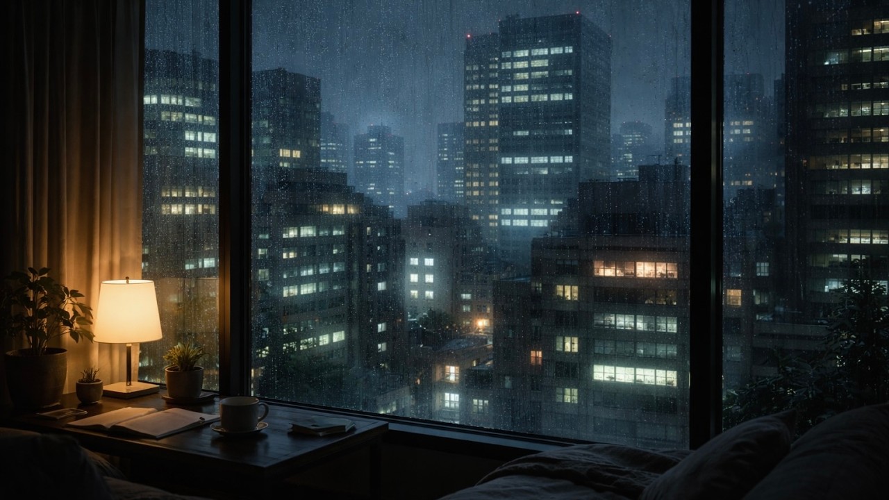 Late Night Rain on the Window | Office City Lights Ambience | Study • Work • Focus | No Music