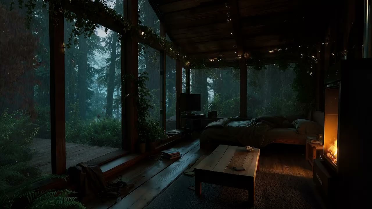 Rain in Tropical Forest | Cabin Ambience with Fireplace and Rain on Cabin roof