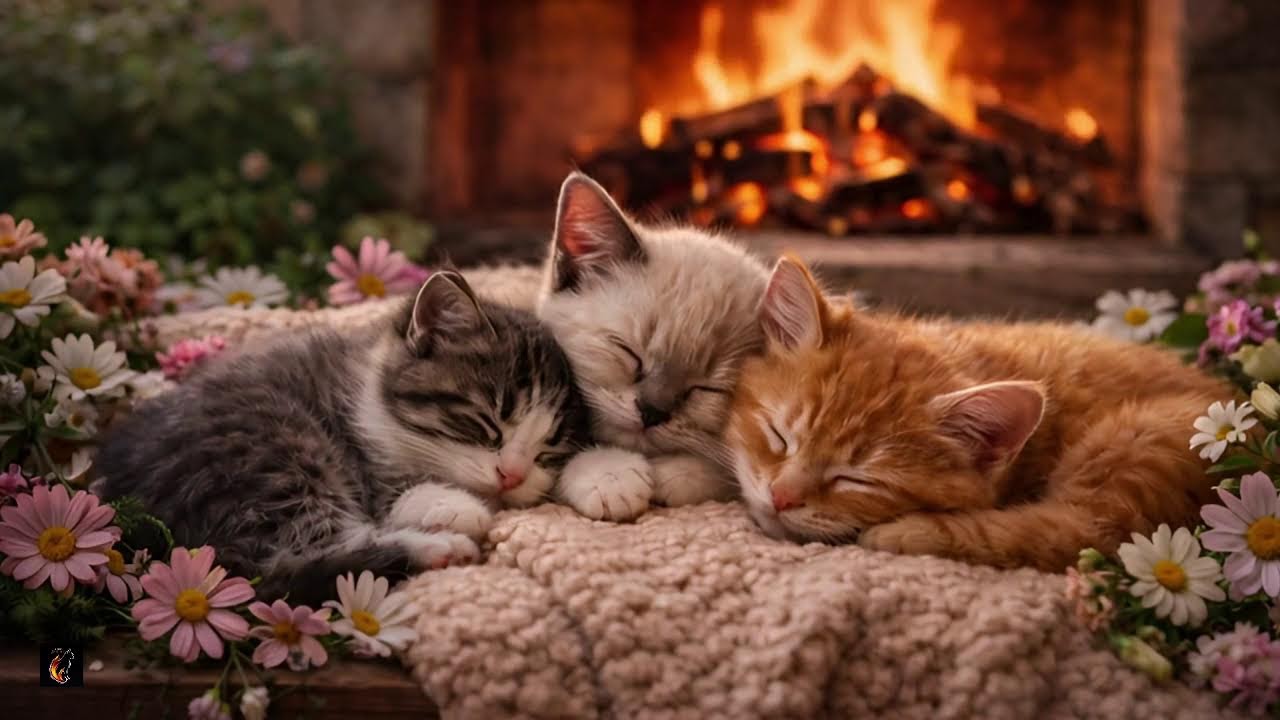 🐾 Purring Kittens by the Fireplace 🌸 Cozy Cat ASMR for Calm & Sleep