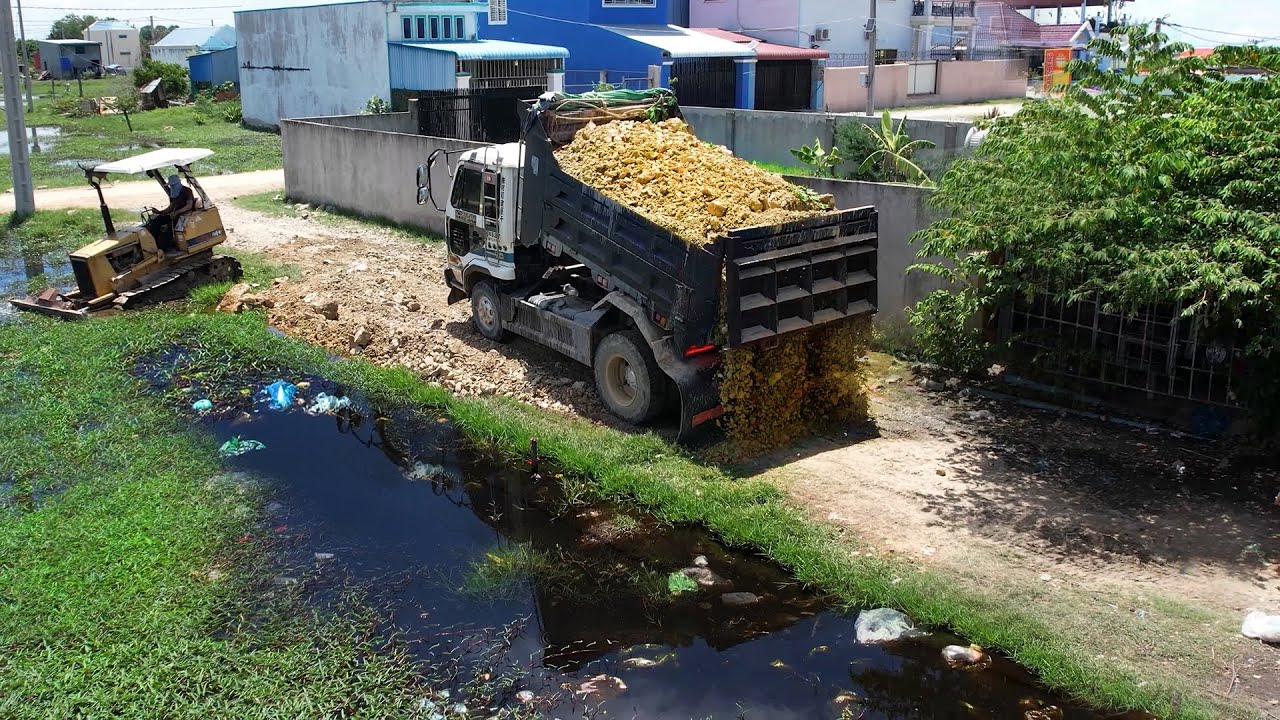 Perfect New Project! Used Bulldozer D20A & Truck 5T pushing Stone into grass on size 5mX15m