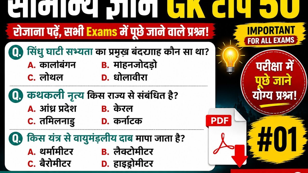  सामान्य ज्ञान | General Knowledge | Top 50 GK/GS Questions | SSC, Railway, UPSC, Bank, Defence Exam