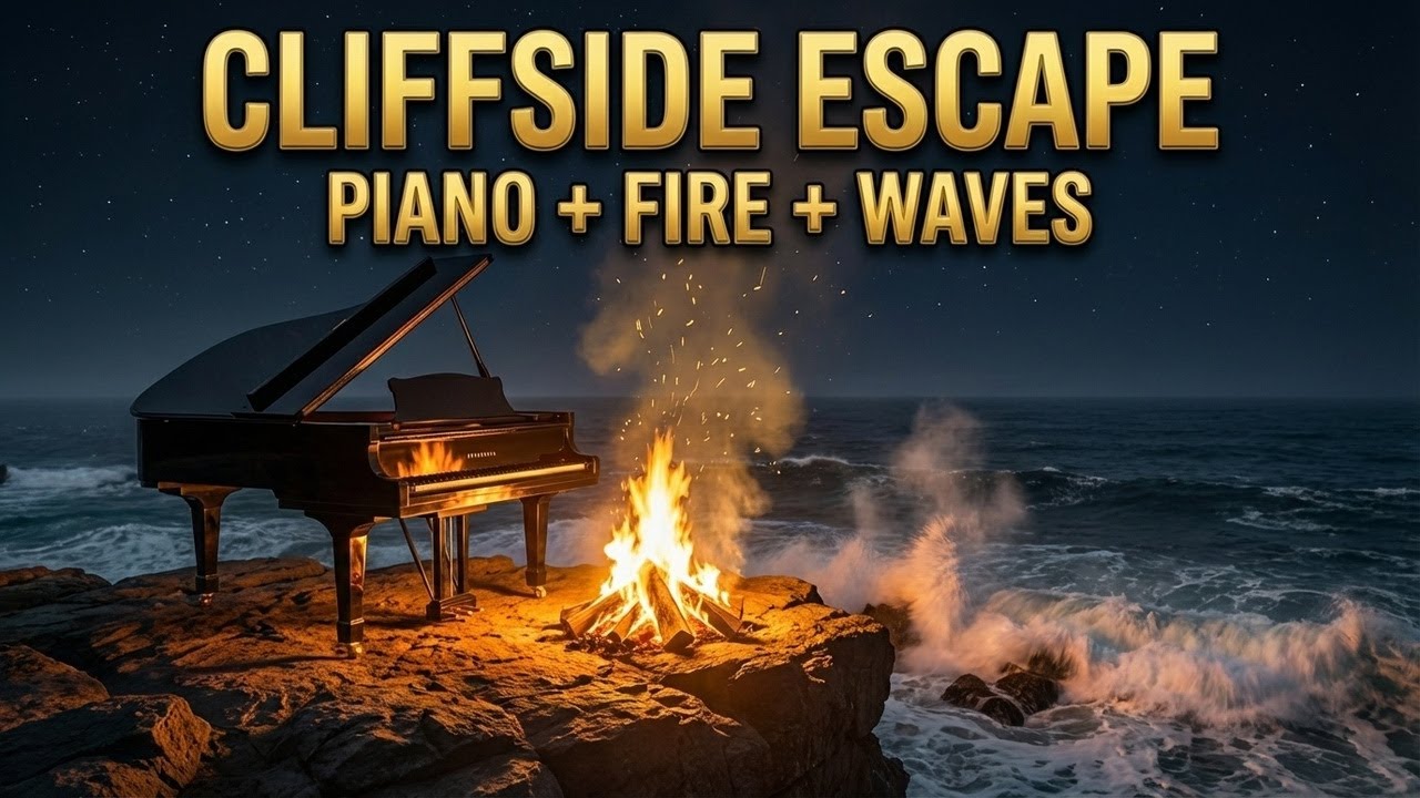 Cliffside Infinity Pool with Fire Pit and Piano Music for Deep Sleep and Relaxation
