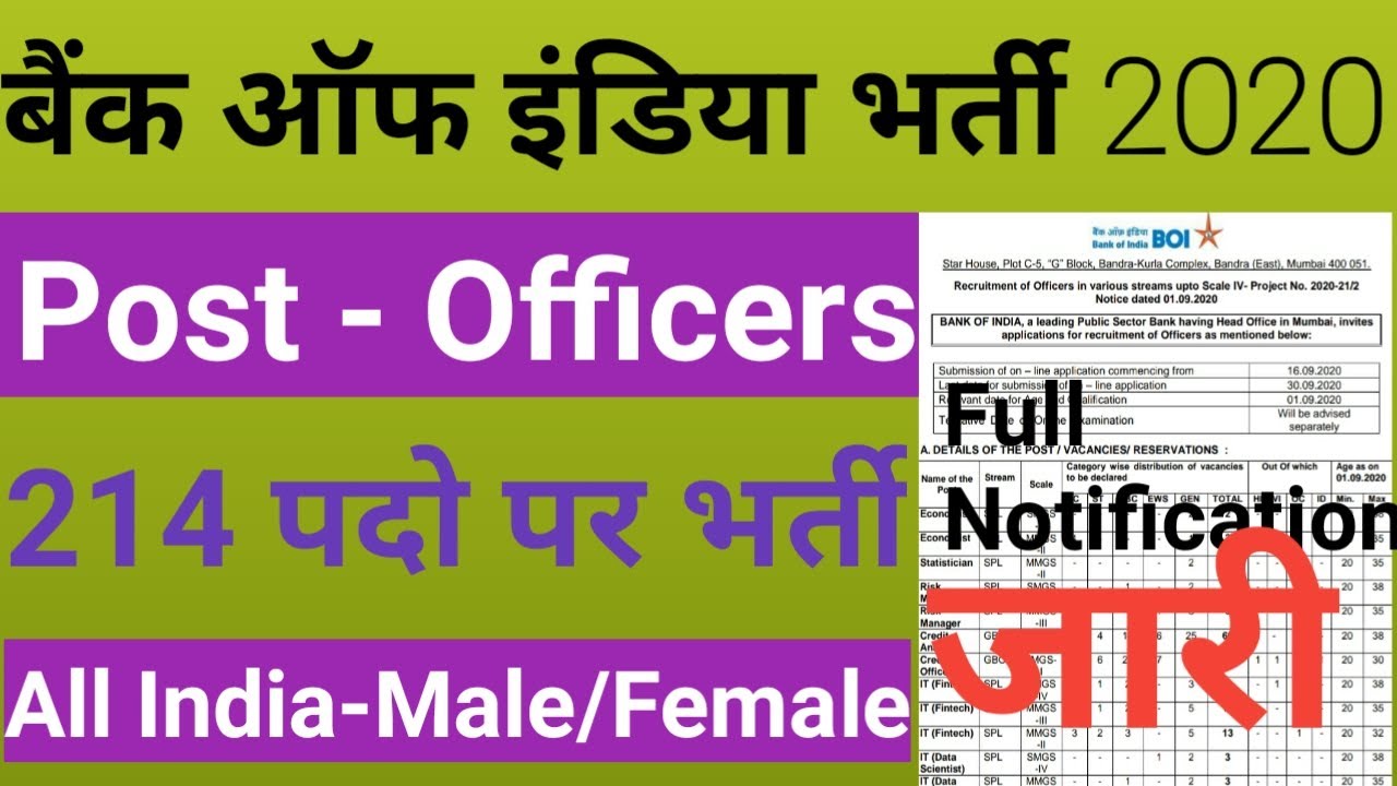 Bank of India Recruitment 2020 || BOI Officer Recruitment 2020 || BOI Officer Vacancy 2020