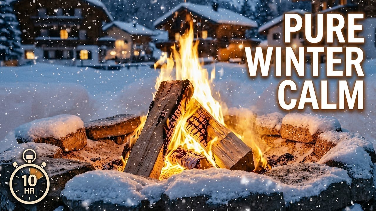 Cozy Fire Pit Ambience 🔥 10 Hours | Snowy Alpine Village Night | Natural Crackling Fire