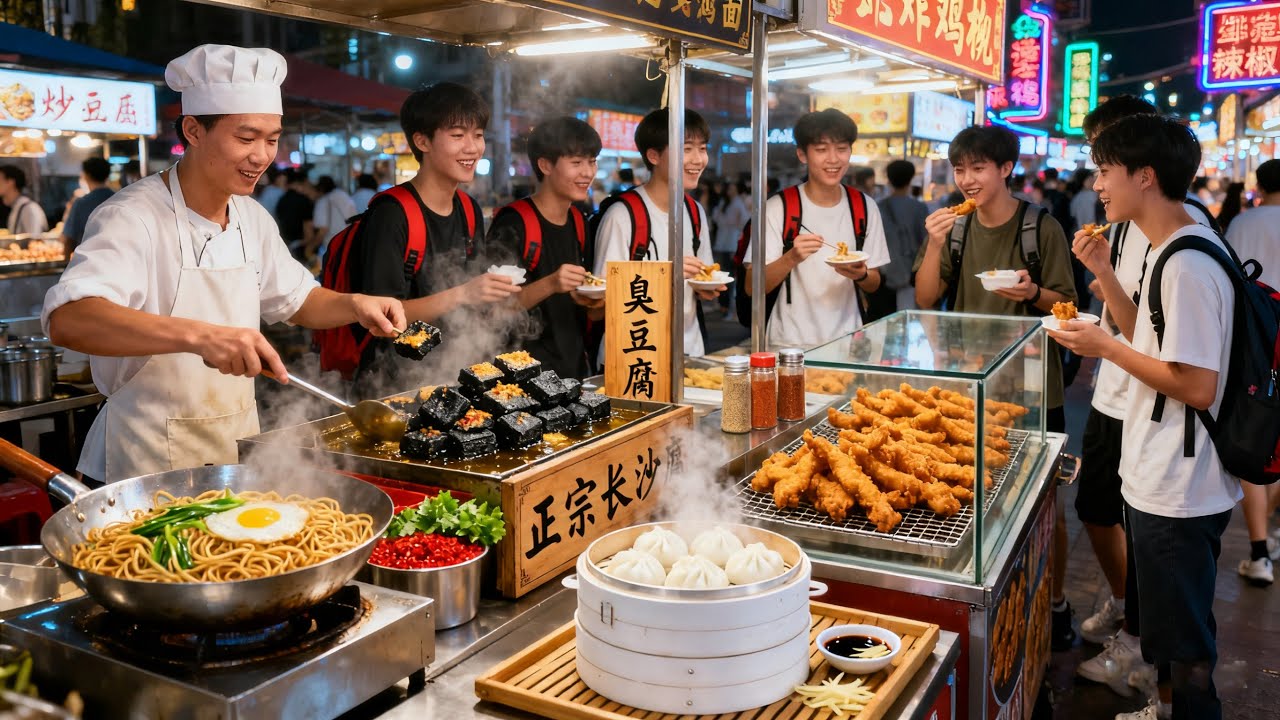 中国苏州大学生最爱的夜市美食街，晚上7点，全是大学生！夫妻炒粉真实惠，酸菜臭豆腐闻着臭吃着香，炸鸡架太诱人，小笼包热气腾腾，酸菜臭豆腐吃着香！不能错过的大学生美食分享！