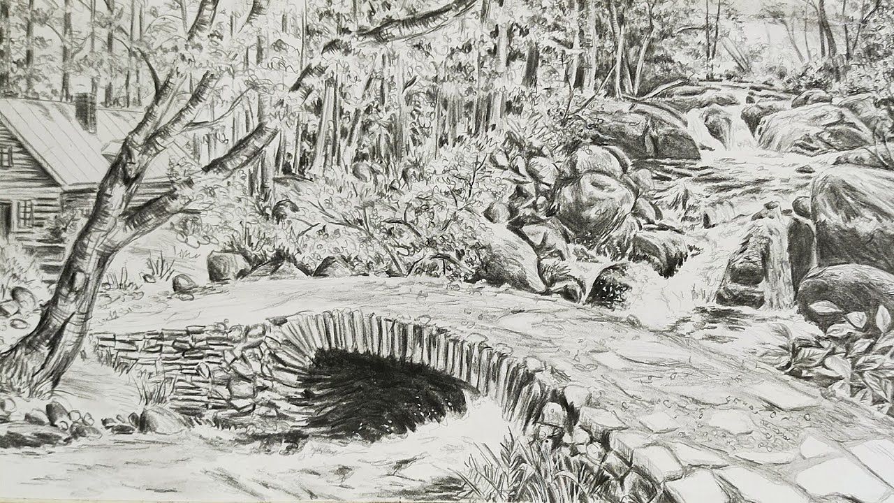 How To Draw Old Stone Bridge In A Water Falls Scenery || Pencil Scenery Art