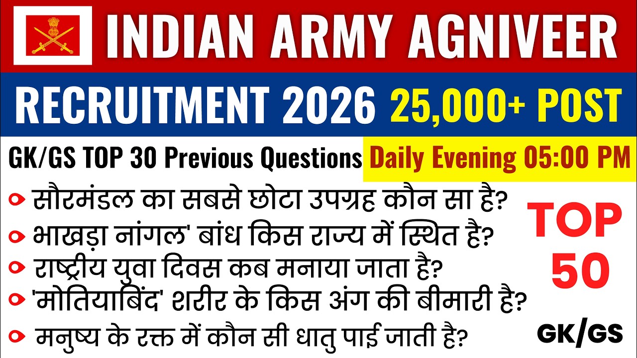 Army Agniveer 2026/Army Agniveer gk/gs previous year questions Mock Test 13 Army Agniveer batch 2026