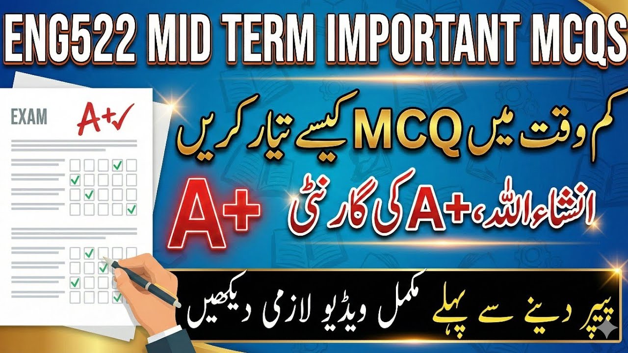ENG522 Mid Term Important MCQs 2025,  | Solved MCQs 100% Most Repeated |  | VU Midterm Preparation |