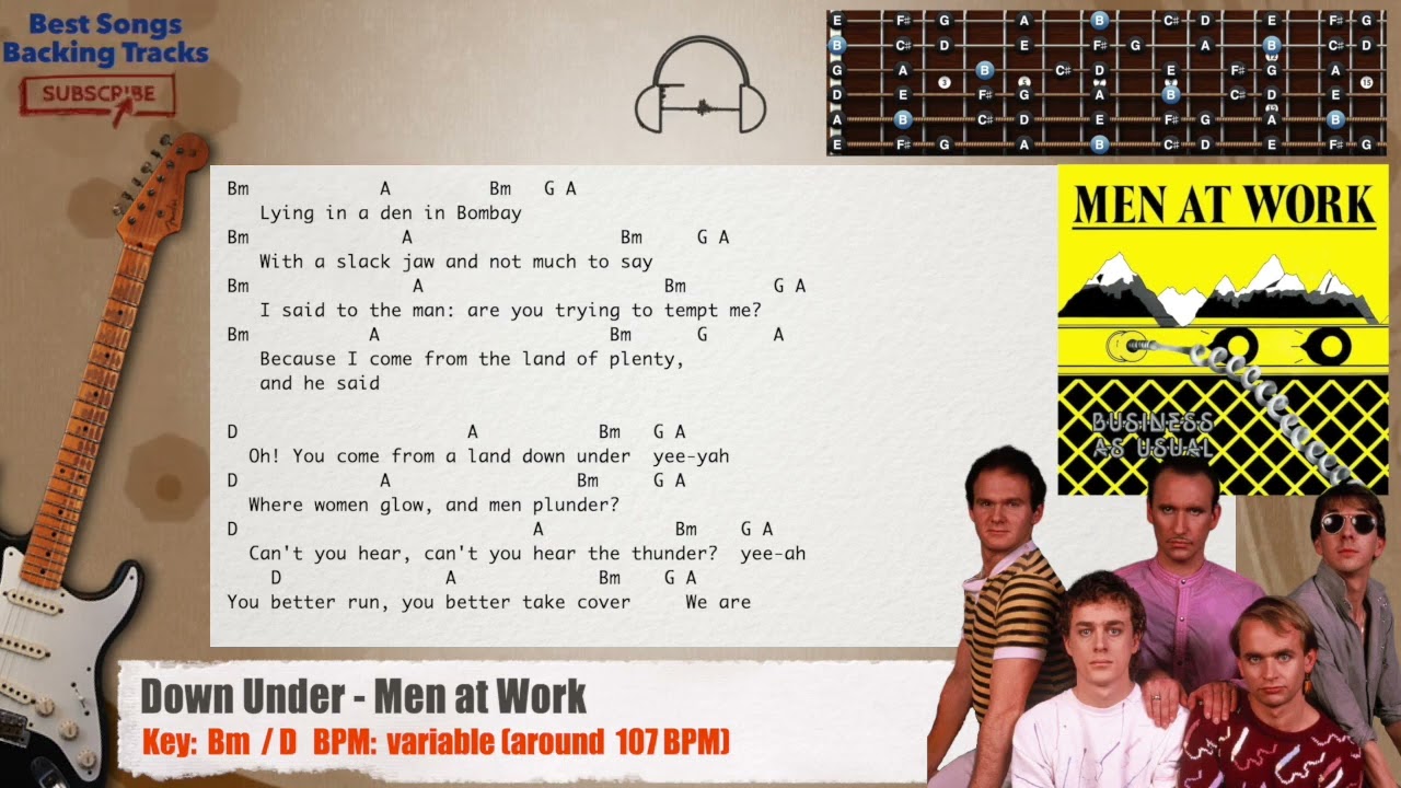 🎸 Down Under - Men at Work Guitar Backing Track with chords and lyrics