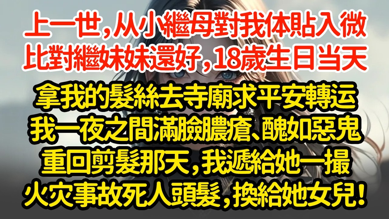 上一世，从小继母对我体贴入微比对继妹还好，18岁生日当天拿我的髮絲去寺廟祈求平安转运我一夜之間滿臉膿瘡、醜如惡鬼重回剪髮那天，我遞給她一撮火灾事故死人頭髮，換給她女兒！