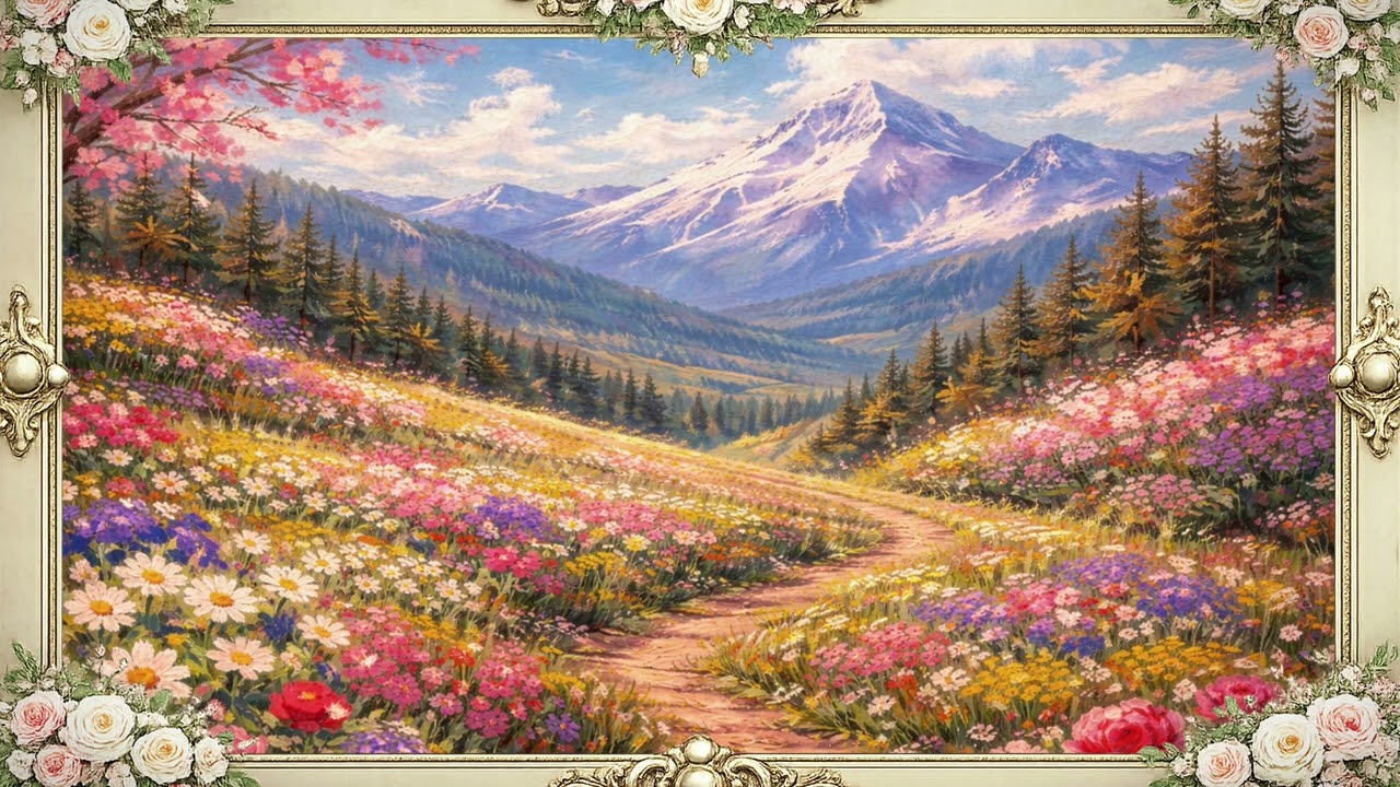 Beautiful Flower Valley Mountainside, Rustic  Oil Painting | Framed Art Screensaver for TV