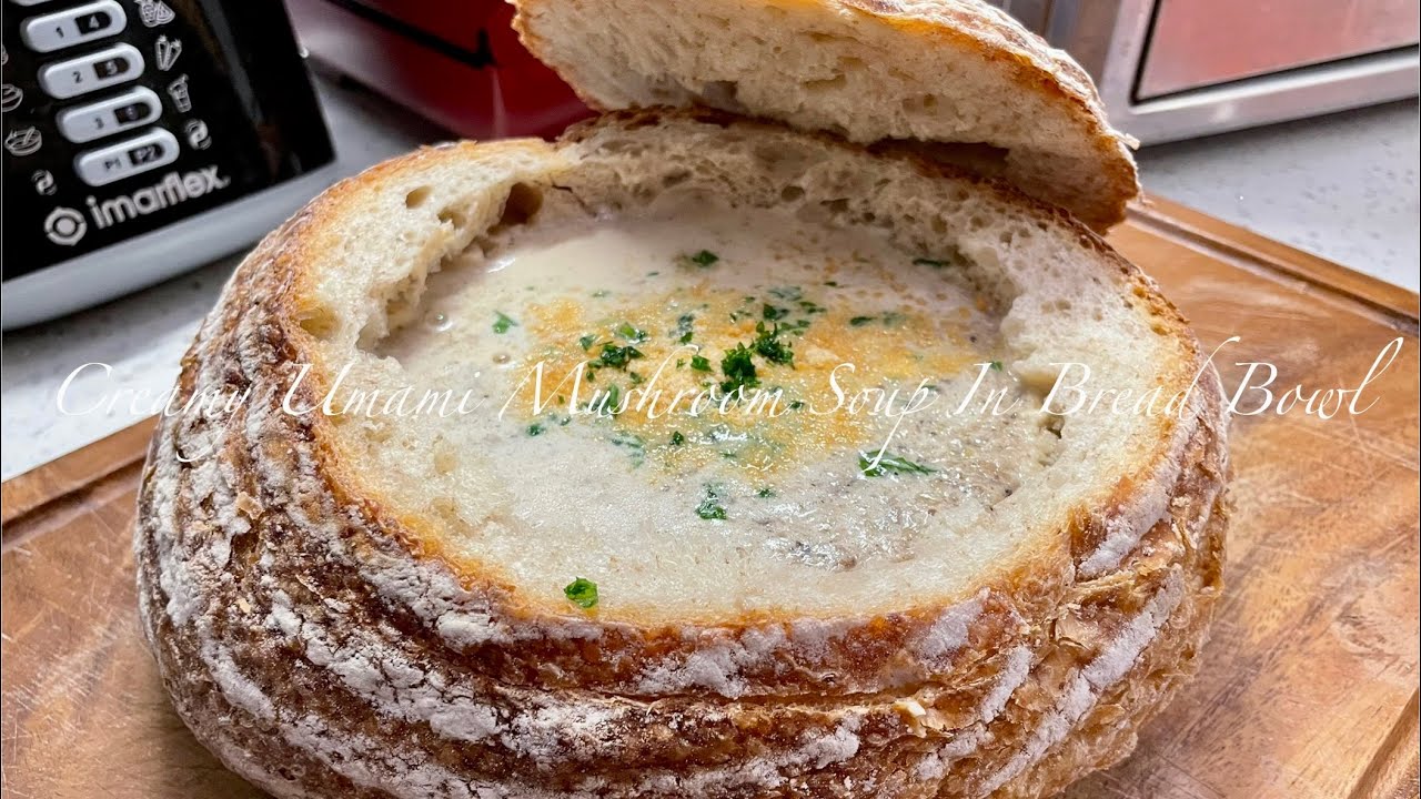 Creamy Umami Mushroom Soup In Bread Bowl 