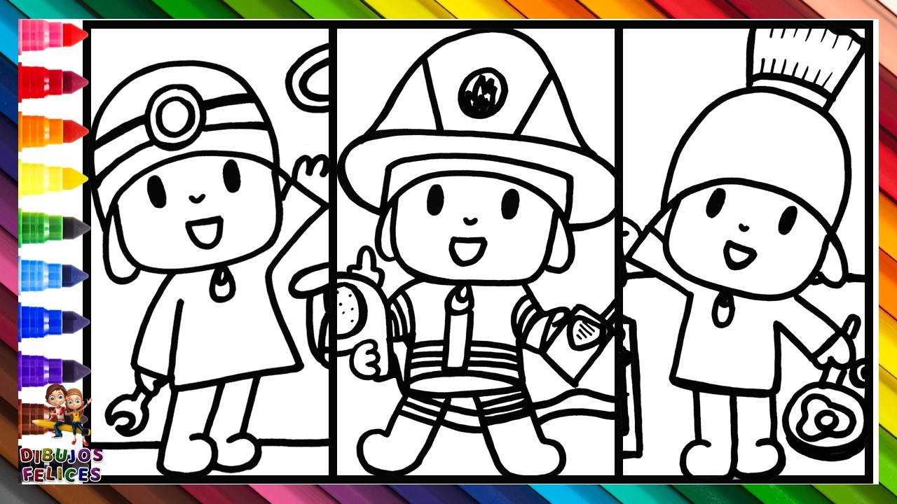 Dibujar y Colorear a Pocoyó en Diferentes Profesiones 🦷🚒👨‍🍳 Dibujos Para Niños