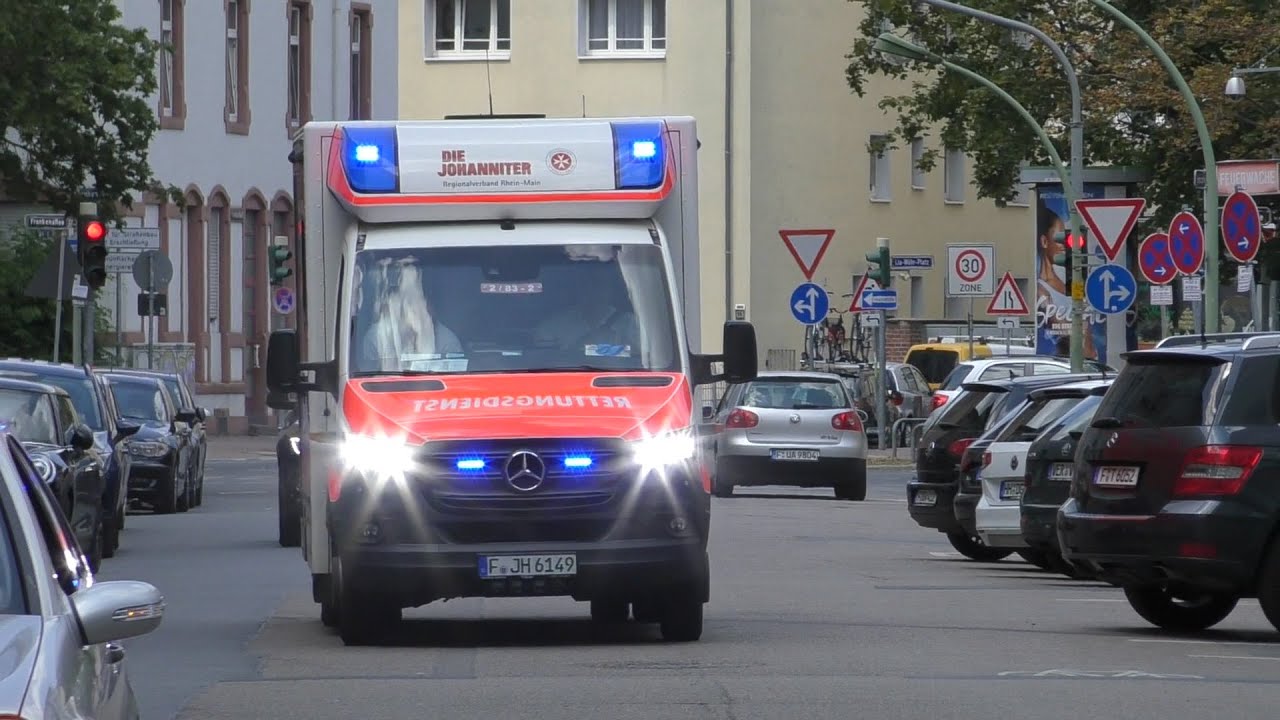 [Lichthupe+Grüße+Durchsage] 4x RTW 2/83-2 der Johanniter Frankfurt FRW 2 Gallus auf Einsatzfahrt