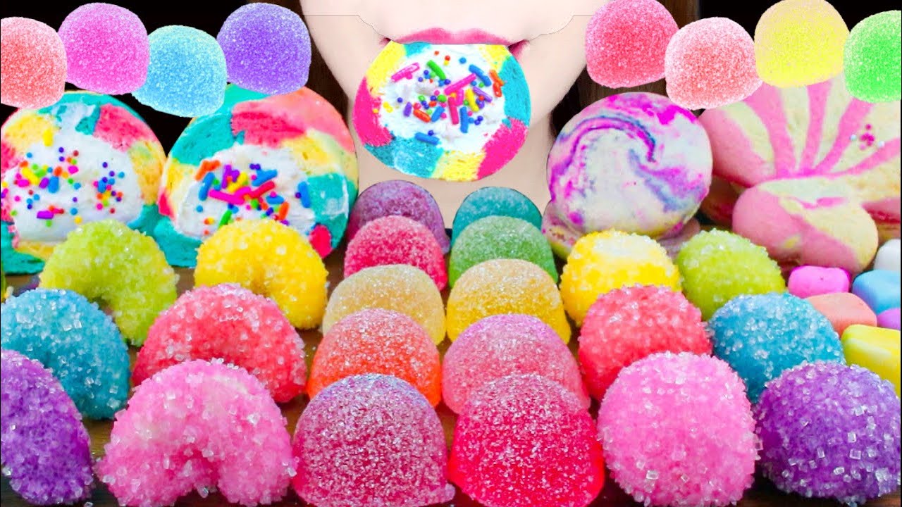 【ASMR】PASTEL RAINBOW DESSERTS🌈 COLORFUL JELLY,ROLL CAKE,FAT MACAROON MUKBANG 먹방 EATING SOUNDS