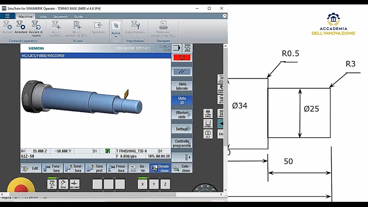 Raccordi, esercizio al tornio - Corso base Programmazione CNC (ISO)