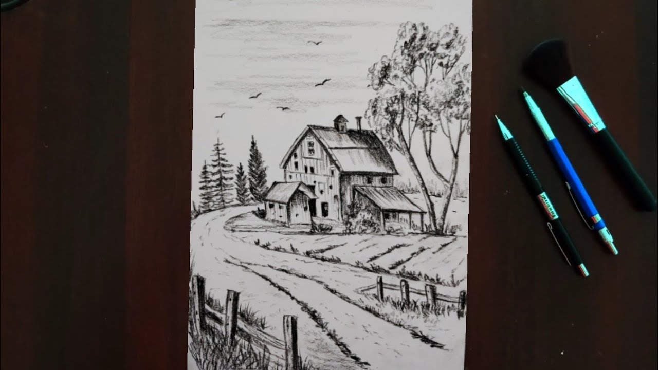How to Draw Old Barn with Woodless Charcoal Pencils // Easy Drawing Tutorial for Beginners 