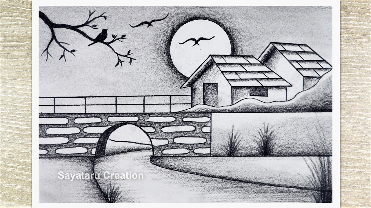 Easy Landscape and Nature Scene Drawing | Very Easy Charcoal Drawing | Sunset Landscape Drawing